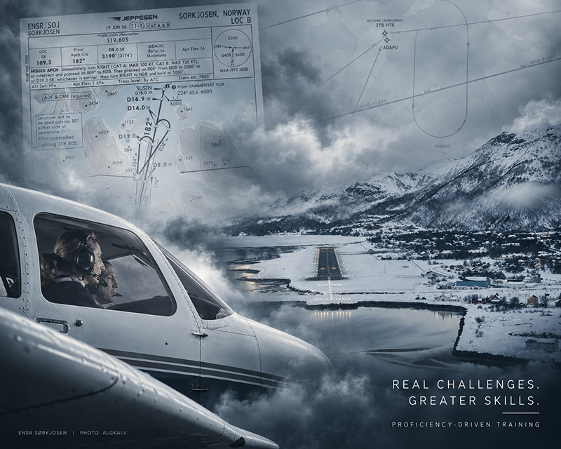 Flight training illustration of a challenging approach to Sørkjosen, Norway, with instrument approach charts and winter conditions