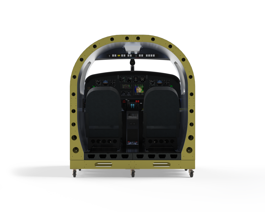 Front view of a Sim-Mech FlightPod simulator with dual seats and cockpit controls